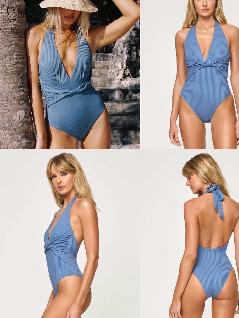 L*SPACE Blue Ribbed Halter One Piece Swimsuit NWT Size Medium Plunge